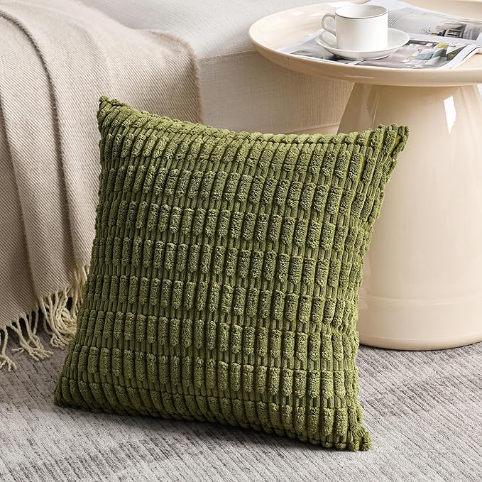 Fancy Homi 4 Packs Boho Moss Green Decorative Throw Pillow Covers 24x24 Inch for Couch Bed Sofa, Rustic Modern Farmhouse Home Decor, Soft Plush Corduroy Cute Square Cushion Case 60x60 cm