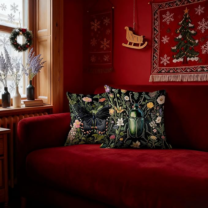 William Morris Inspired Butterfly and Beetle Pillow Covers 18x18 Set of 2, Dark Cottagecore Wildflower Botanical Insect Moth Decorative Throw Pillow Covers for Home Bedroom Living Room