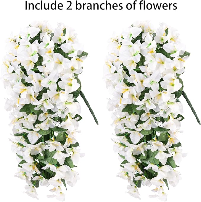 Faux Bougainvillea Artificial Flowers Plants for Outdoors Outside Decoration, 2 PCS White Fake Flowers UV Resistant Look Real Silk Long Trailing Vines for Front Door Porch Planter Patio Garden Yard
