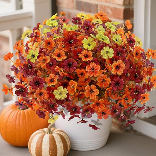 12 Bundles Artificial Fall Flowers Faux Mums for Outdoor Indoor, Artificial Plants Daisy Faux Plants Fake Mums for Fall Decor Pots Patio Garden Porch Autumn (Orange，Brown，Yellow) (12)