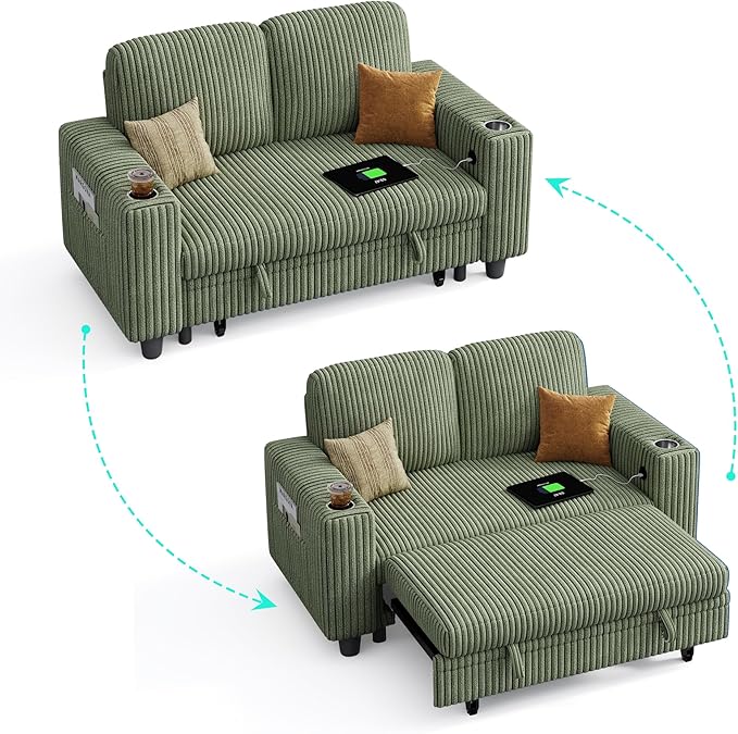 LINSY HOME Loveseat Sofa with Pull Out Couch Chaise: 2-in-1 Convertible 2 Seater Sofa with USB Charging & Cup Holders, Comfy Plush Corduroy Love Seat for Small Spaces Living Room Apartment, Green