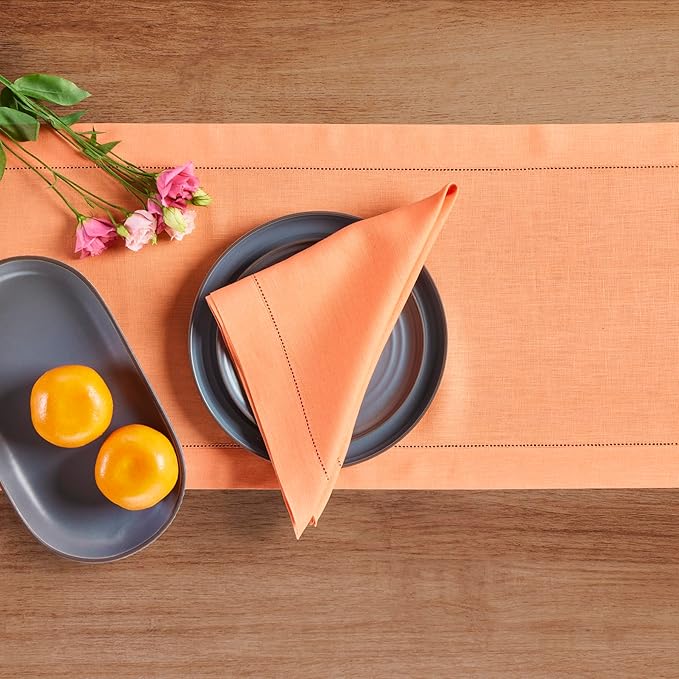 Solino Home Linen Coral Table Runner 132 Inches Long - 100% Pure Linen Extra Long Table Runner 14 x 132 Inch - Classic Hemstitch