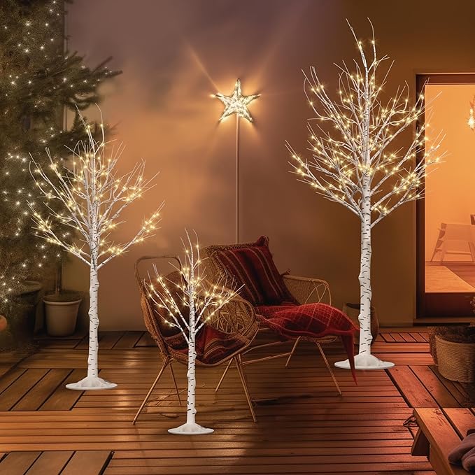 Outdoor Christmas Decorations Lighted Birch Tree Set of 3, LED Warm White 4, 6 and 8 Feet, for Indoor Christmas Decor, Party, Garden, Yard, Wedding, Holiday