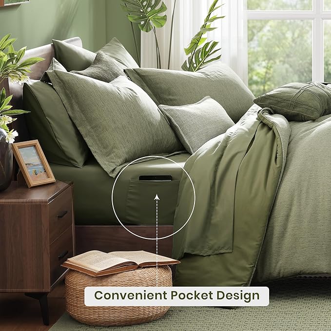 Monbix Queen Comforter Set - 7 Pieces Cationic Dyeing Sage Green Bed in a Bag Queen Bedding Sets with Comforter, Sheets, Pillowcases & Shams, Reversible Bedding Comforters Sets