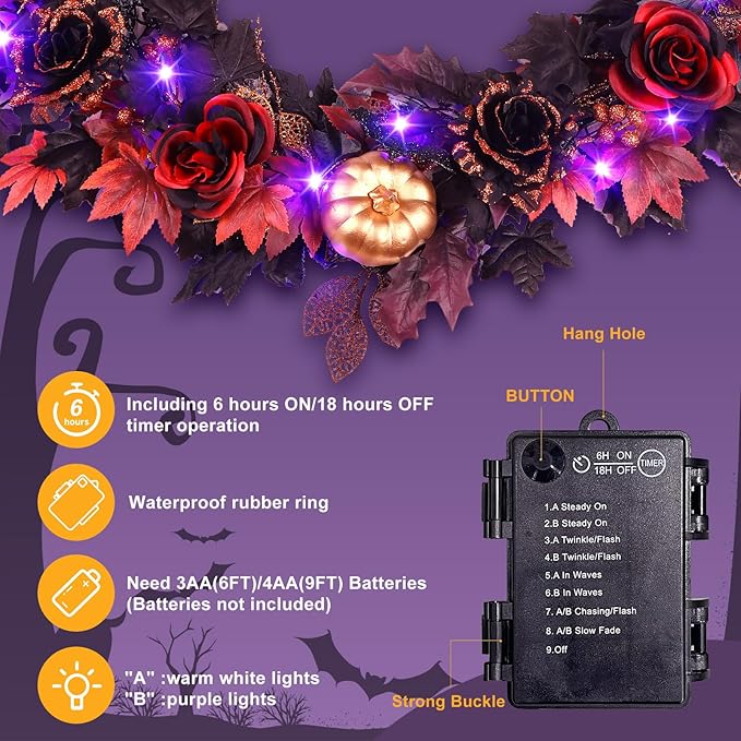 SHareconn 2 Pcs 9FT Halloween Garland with Purple Lights Battery Operated and Timer, Pre-Lit Black Red Maple Leaves Lighted Garland Decorations for Fireplace Mantle Centerpiece Indoor Outdoor Decor