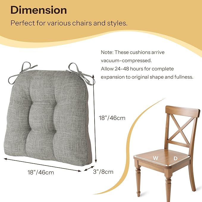 Non Slip Chair Cushions for Dining Chairs Set of 4 Kitchen Chair Cushions 18"x18"x3" Turfted Chair Pads Comfortable and Soft Seat Cushion with Ties, Light Grey