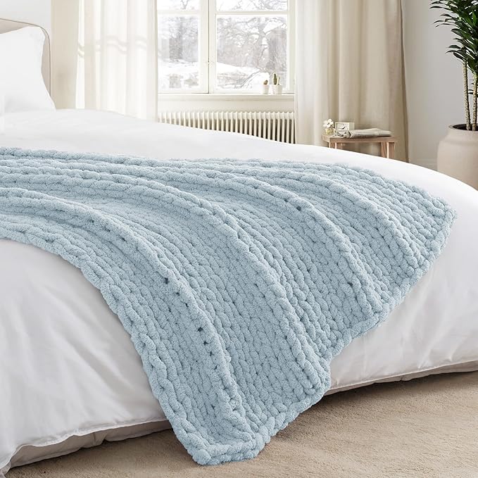 Chunky Knit Throw Blanket 50"X 60", 100% Handmade with Soft Chenille Yarn, 4.4lbs Thick Cable Knitted Blankets, Large Rope Knot Crochet Throws for Couch Sofa Bed Home Decor, Baby Blue