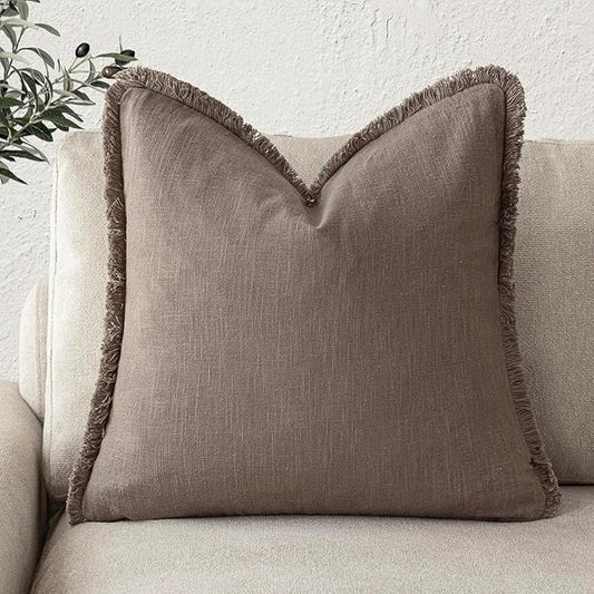 Foindtower Decorative Linen Fringe Throw Pillow Covers Cozy Boho Farmhouse Cushion Cover with Tassels Soft Accent Pillowcase for Chair Sofa Bed Living Room Home Decor, 16×16 Inch,1PC,Light Coffee