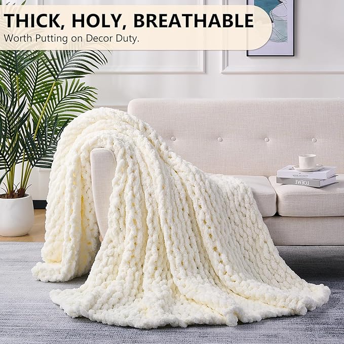 L'AGRATY Chunky Knit Blanket Throw: 80''x90'' Chenille Chunky Knitted Throw Blanket for Bed Couch - Handmade Thick Big Cable Knit Blanket - Large Chunky Crochet Blanket for Home Decor(Cream White)