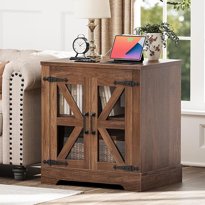 Farmhouse Side Table with Storage Cabinet, End Table with Adjustable Shelf, Night Stand, Wood Nightstand with Charger Station, 24 End Tables Living Room, Rustic Bed Side Tables Bedroom, Walnut