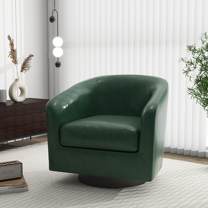 Swivel Barrel Accent Chair, Modern Round Faux Leather Arm Chair for Living Room, Bedroom, Comfy Club Reading Chairs for Adults(Faux Leather, Green, Set of 2)
