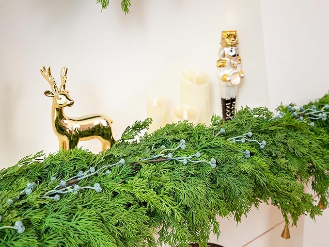 6FT Cedar Garland with Blue Berry Cypress Pine Garland Realistic for Mantle Stairs Fireplace Wall Window Front Door Indoor Outdoor Christmas Decor Xmas Decorations