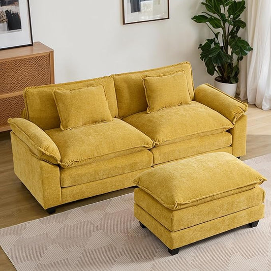 URRED Modular Sectional Sofa Comfy Cloud Couch, Modern Chenille Sofa Sleeper Deep Seat Couches with Ottoman/Pillows for Living Room (Yellow, 82.6''- L Shape)