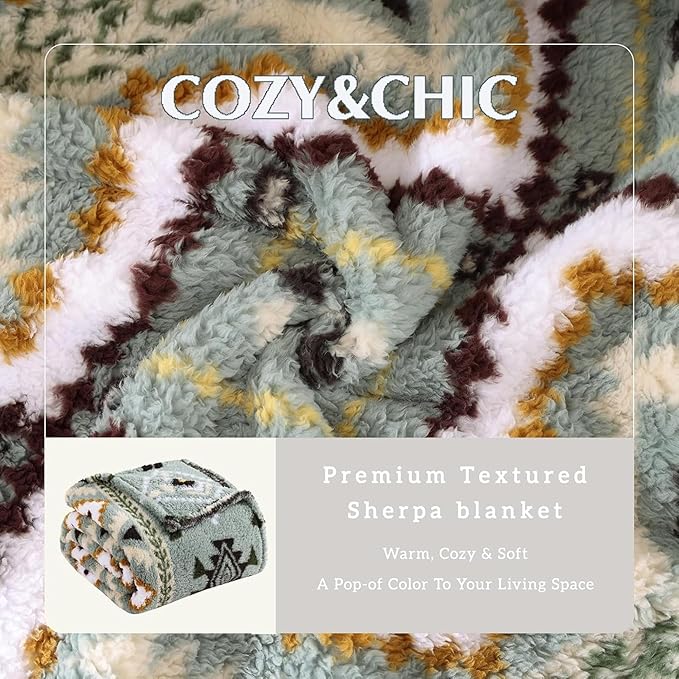 CASAAGUSTO Boho Sherpa Throw Blanket, Aztec Queen Blanket, Ultra Soft, Warm, Cozy, Plush, Thick Fleece Bohemian Throw Blanket for Couch, Bed, Sofa (Olive Green 90 * 90 Inch)