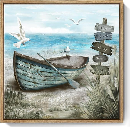 Framed Wall Art Beach Décor Ocean Canvas Picture Coastal Artwork Sea Bird Boat Blue Tan Small Rustic Beachy Canvas Print for Bathroom Bedroom Living Room