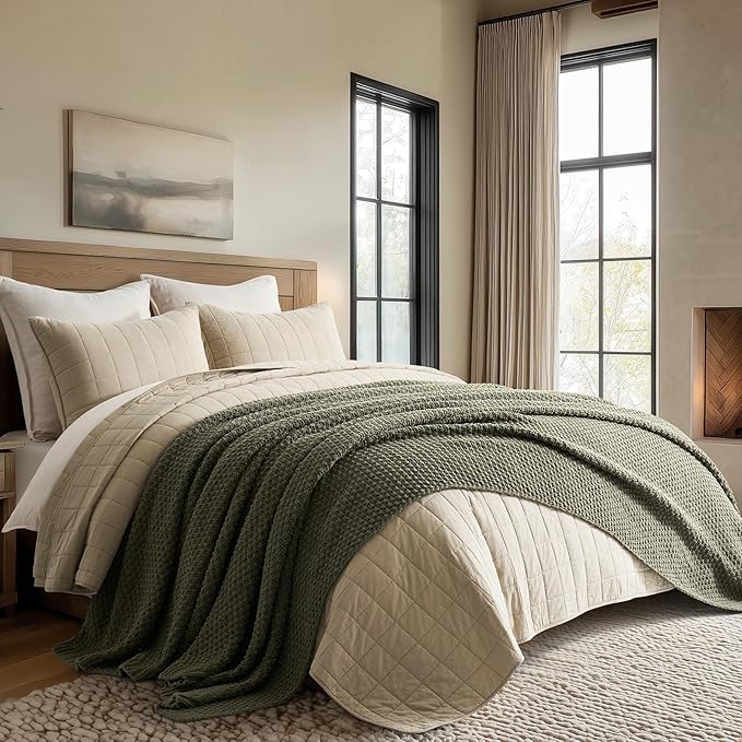 EVERGRACEHOME Chunky Chenille Knit Throw Blanket for Couch, Soft Luxurious Oversized Queen Moss Stitch Blanket for Bed, Large Cozy Farmhouse Knitted Throw for Sofa, Olive Green, 90" x 90"