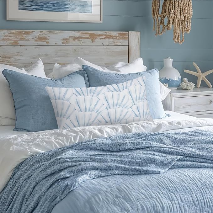 Coastal Beach Room Decor 12x20 Pillow Cover, Blue Seashell Ocean Coastal Beachy Decorative Lumbar Pillow Covers for Bedroom Living Room Home Sofa Couch