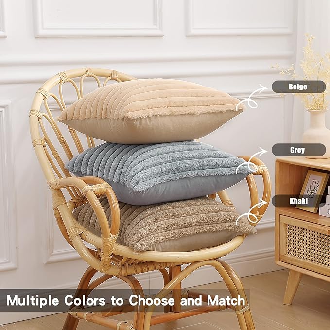 Pallene Faux Fur Plush Throw Pillow Covers 24x24 Set of 2, Luxury Soft Fluffy Striped Decorative Pillow Covers for Sofa, Couch, Living Room, Grey