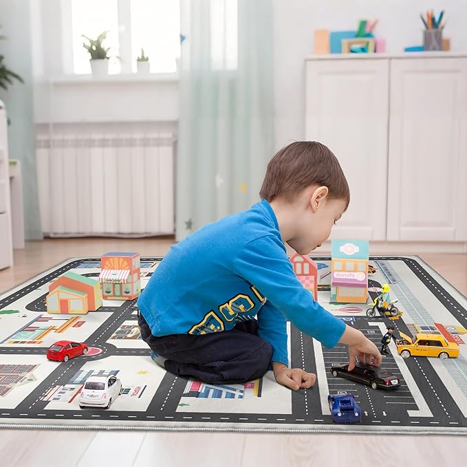 5x7ft Kids City Road Car Play Rug - Non-Slip Faux Wool Carpet with Interactive City Map Design, Educational Toy Vehicle Mat for Kids, Bedroom Playroom Nursery Gift.
