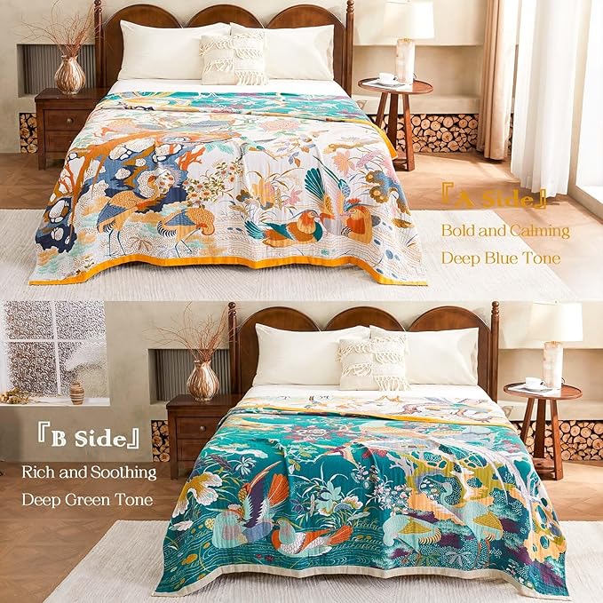 Fall Throw Blanket for Couch, Yellow Boho Decorative Throw Blanket, 100% Cotton Muslin Breathable Woven Farmhouse Blankets Quilt, 50"x60" Reversible Lightweight Blankets Bohemian Throw Quilt