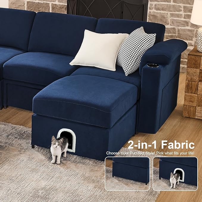 Modular Sectional Sofa Couch for Living Room Velvet Cloud Couches Oversized U Shaped Convertible Sleeper Sofa Chaise Detachable Armrest Cushion Cup Holder (Blue, 8 Seats)