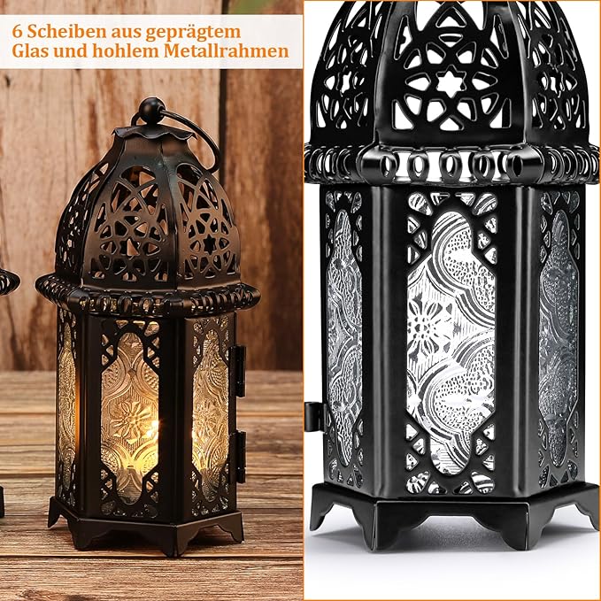 Metal Candle Holder 4PCS Transparent Glass Moroccan Style Hanging Lanterns Creative Wedding Home Tabletop Decoration Birdcage, Black
