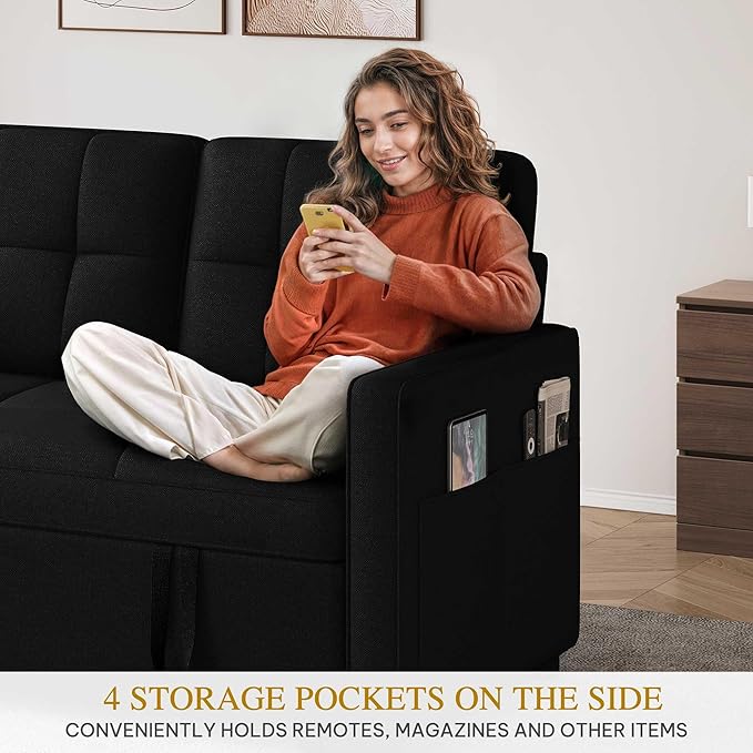 YITAHOME 55" Convertible Sofa Bed, 3-in-1 Sleeper Sofa with Iron Frame Pull-Out Bed, Linen Futon Couch with Reclining Backrest and Side Pocket, Modern Loveseat for Living Room Bedroom Apartment, Black