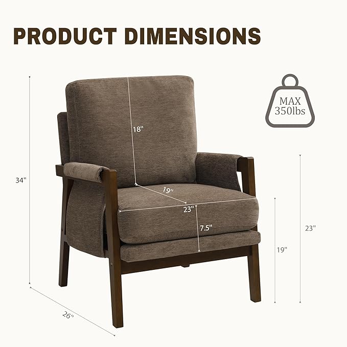 Modern Accent Chairs Set of 2 for Living Room Mid Century Arm Chairs Upholstered Bedroom Chairs Comfy Lounge Chairs with Solid Wood Frame, Dark Brown