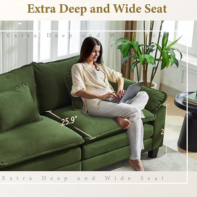 URRED Modular Sectional Sofa Comfy Cloud Couch, Modern Corduroy Sofa Sleeper Deep Seat Couches with Ottoman/Pillows for Living Room (Green, 82.6''- L Shape)