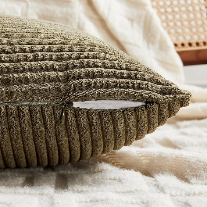 Fancy Homi 2 Packs Olive Green Big Decorative Throw Pillow Covers 24x24 Inch for Living Room Couch Bed, Rustic Farmhouse Boho Home Decor, Soft Corss Corduroy Patchwork Accent Cushion Case 60x60 cm