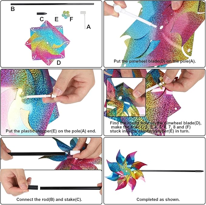 Hausse 10 Pack Reflective Pinwheels Wind Spinner, Extra Sparkly Rainbow Pinwheel with Stakes, Bird Repellent Blinder Devices Deterrent to Scare Birds Away from Yard Patio Farm Garden, Colorful