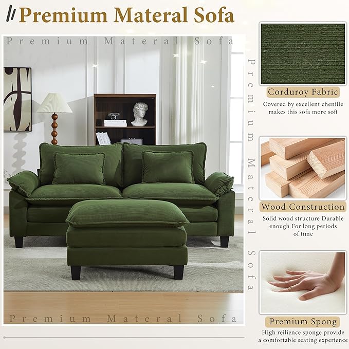 URRED Modular Sectional Sofa Comfy Cloud Couch, Modern Corduroy Sofa Sleeper Deep Seat Couches with Ottoman/Pillows for Living Room (Green, 82.6''- L Shape)
