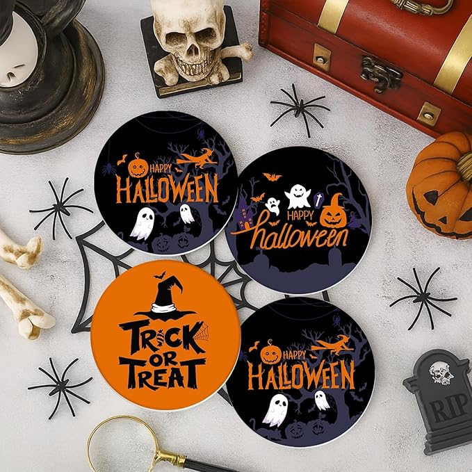 Coaster for Drinks Set of 6, Happy Halloween Orange and Black Trick or Treat Absorbent Round Ceramic Stone Mat, with Cork Base and Metal Holder, Gift for Housewarming Room Bar Decor