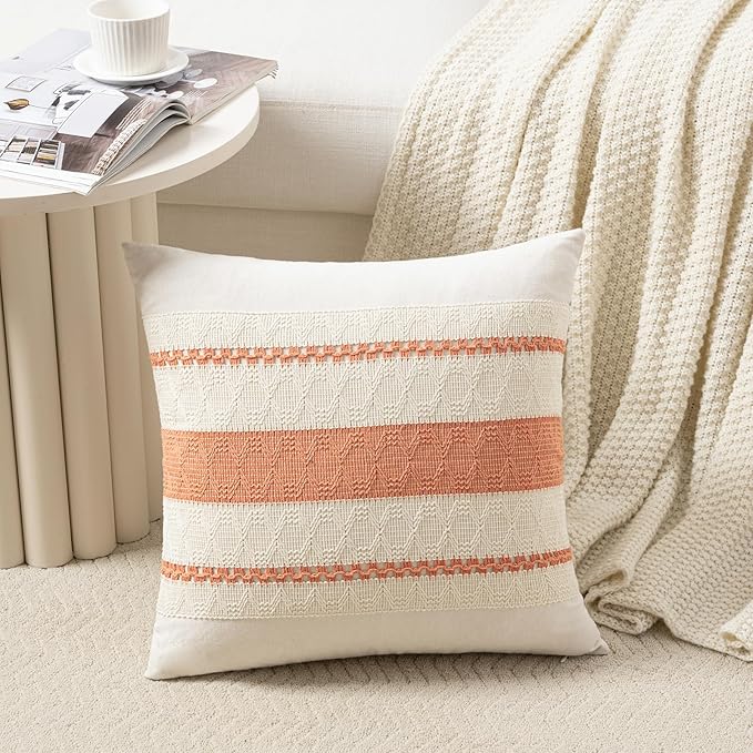 Fancy Homi Set of 2 Boho Coral Decorative Throw Pillow Cover 20x20 Inch for Couch Bed Sofa, Aesthetic Modern Organic Farmhouse Home Decor, Soft Cotton Cute Accent Macrame Woven Cushion Case