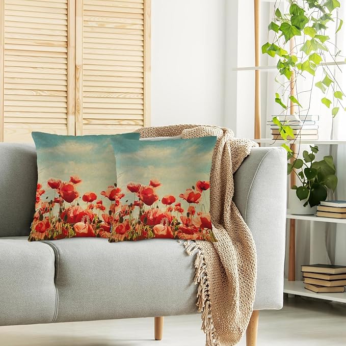 Swono Poppy Bed Pillow Covers, Vintage Blossom Red Roses Poppies Flied Decorative Throw Pillow Cover Cushion Case for Sofa Bed Living Room Farmhouse Decorations, 18"X18" 2 Pieces Pillowcases