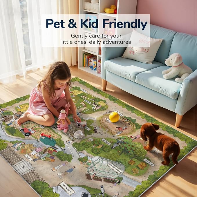 5x7ft Kids Farm Adventure Play Rug,Non-Slip Faux Wool Carpet with Interactive English Words, Educational Travel Map Design for Playroom, Bedroom, Nursery Gift