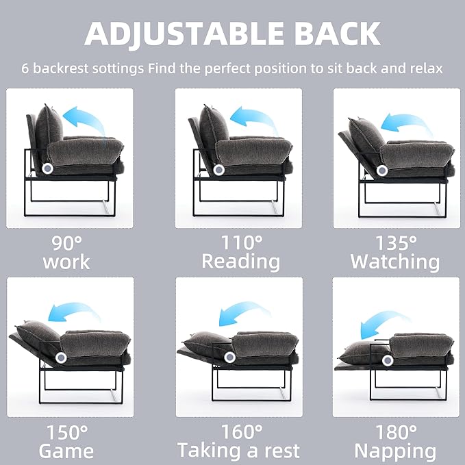 YISHENG Accent Chair with 6-Angle Adjustable Backrest, Chenille Fabric Living Room Chair Upholstered Lounge Chair, Modern Chair Cozy Reclining Chair for Reading Room, Set of 2 Gray