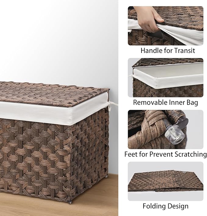Wicker Storage Basket with Lid, 42.3 Gallon (160L) Large Blanket Basket with Lid, Woven Storage Bin with Handles, Removable Liner, Metal Frame, Foldable, for Bedroom, Laundry Room, Brown