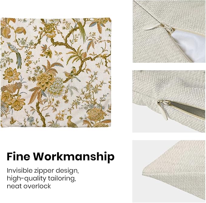 CXMEIFLY Summer Floral Birds Pillow Covers 20 x 20 Inch Set of 2 for Chinoiserie Flowers Spring Decor Throw Pillows Mustard Yellow Plant Outdoor Decorative Cushion Cases for Couch Bed Decorations