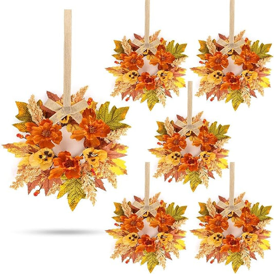 6 Pcs Fall Floral Swags Wreaths Mini Autumn Artificial Candle Rings Wreaths with Berries 3 inch Farmhouse Cabinets Hanging Wreath for Pillar Front Door Porch Wall Window Decoration