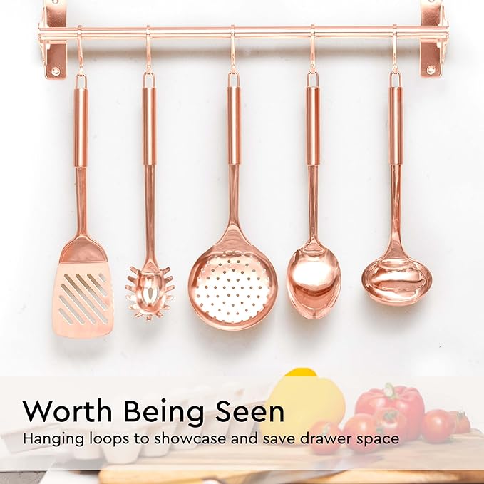 Copper Cooking Utensils Set – 5-Piece Rose Gold Stainless Steel Kitchen Tools for Cooking and Serving Includes Ladle, Spoon, Pasta Fork, Spatula, and Skimmer – Stylish Copper Kitchen Accessories