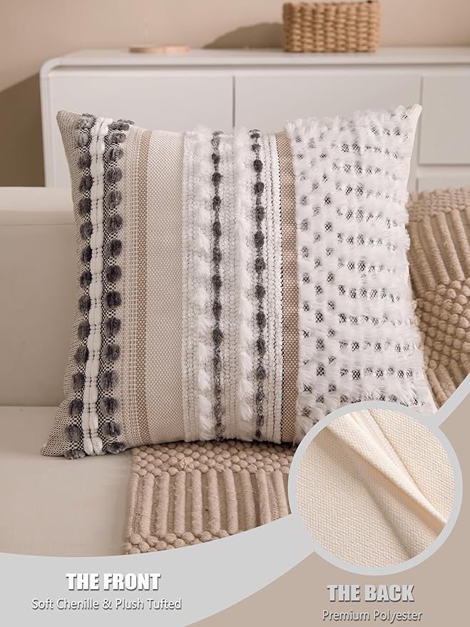 Boho Chenille Tufted Couch Throw Pillow Covers 18x18 Inch Set of 2 Farmhouse Striped Decorative Pillow Covers Accent Neutral Square Pillowcase Grey Cushion Covers for Livingroom Sofa Bed