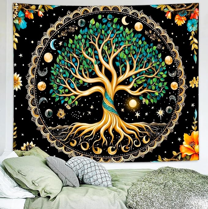 Delur Tree of Life Tapestry Moon Phase Nature Flower Plant Tapestry Wall Hanging Boho Mandala Spiritual Sun Aesthetic Psychedelic Headboard for Bedroom Living Room Home Decor (70.8" x 92.5")