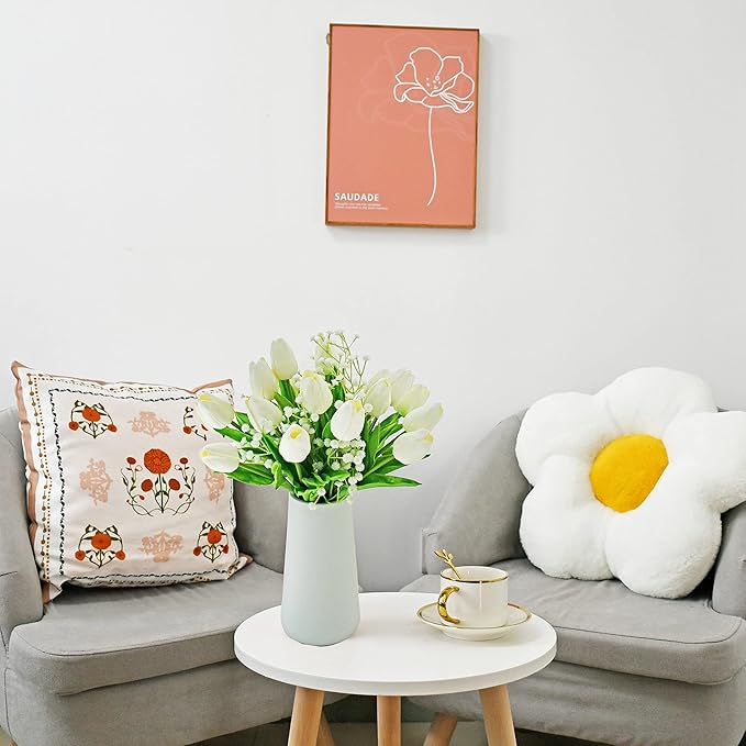 Mandy's Artificial Tulips 20 Stems White with 3pcs White Baby's Breath PU Faux Flowers for Wedding Home Decor 13.5 Inch