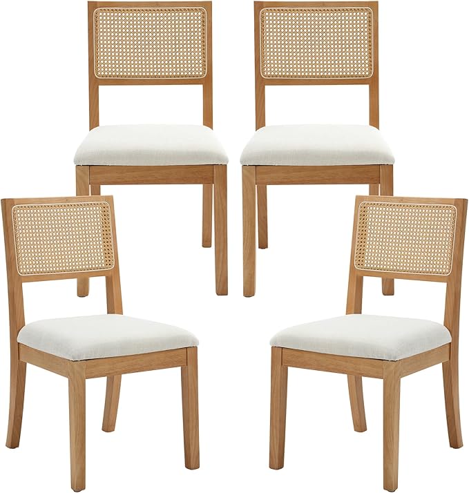 Westice Rattan Dining Chairs Set of 4, Farmhouse Natural Dining Room Chairs with Upholstered Cushion, Wood Armless Chairs for Kitchen/Restaurant