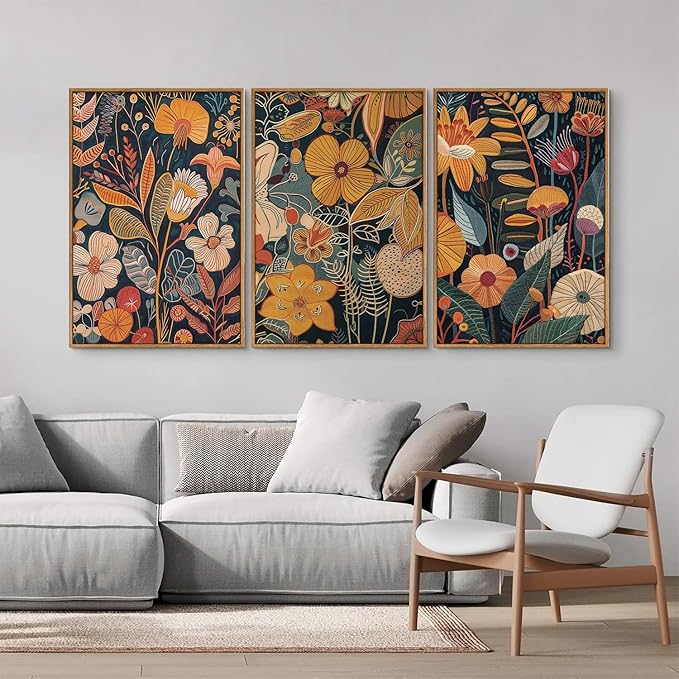 SIGNINART Boho Botanical Framed Canvas Wall Art Set of 3, Mid Century Modern Wall Decor, Burnt Orange Floral Artwork, Neutral Flower Plant Art Prints for Bedroom Living Room Office 24"x36"x3