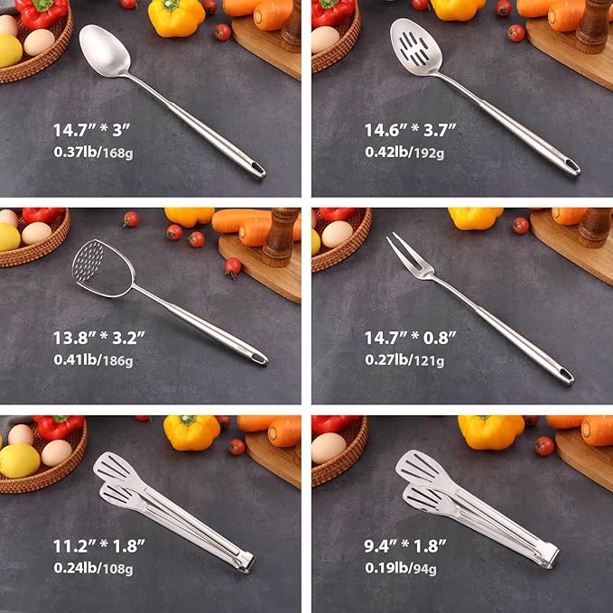 18/10 Stainless Steel Kitchen Utensils Set - 12 PCS All Metal Cooking Tools & 15″ Serving Utensils - Potato Masher, Meat Fork, Tongs, Turner, Pasta, Serving Spoon, Skimmer, Ladle, Spatula Spoon Set