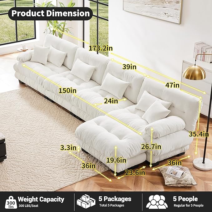 Modern L-Shaped Couch, 4-Seater Cloud Couch with Round Bolster Armrests, Oversized Loveseat Sectional Sofa, Chenille Fabric, White