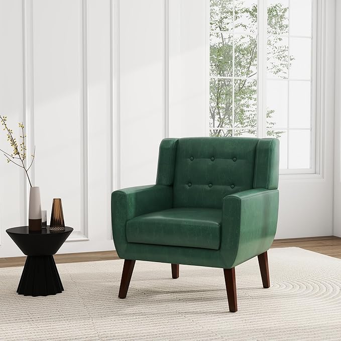 UIXE Faux Leather Accent Chairs Set of 4, Modern Arm Club Chair Upholstered Armchair for Living Room, Comfy Single Sofa Seats Button Tufted Reading Seating, Green