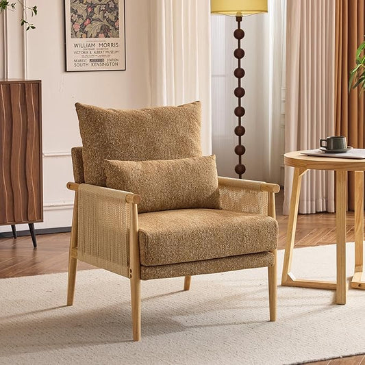 VINGLI Boho Braid Accent Armchair,Mid-Century Modern Chiar with Solid Wooden Armrest,Comfy Louge Cushion Chair with Waist Pillow for Bedroom,Living Room,Reading Room, Khaki